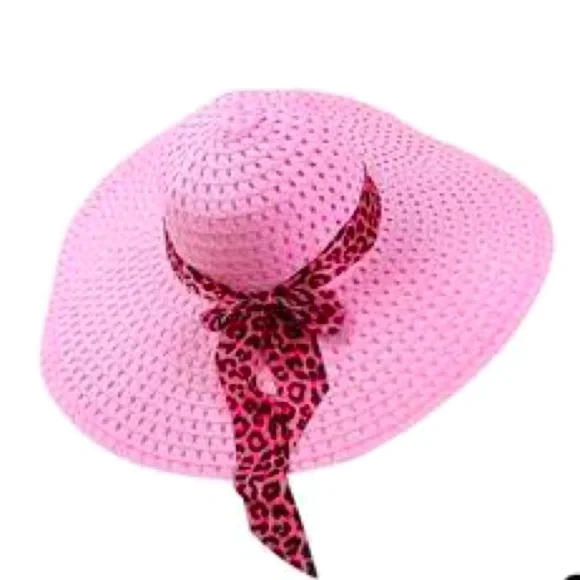 PINK SUN HAT WITH LEOPARD RIBBON - Picture 7 of 7